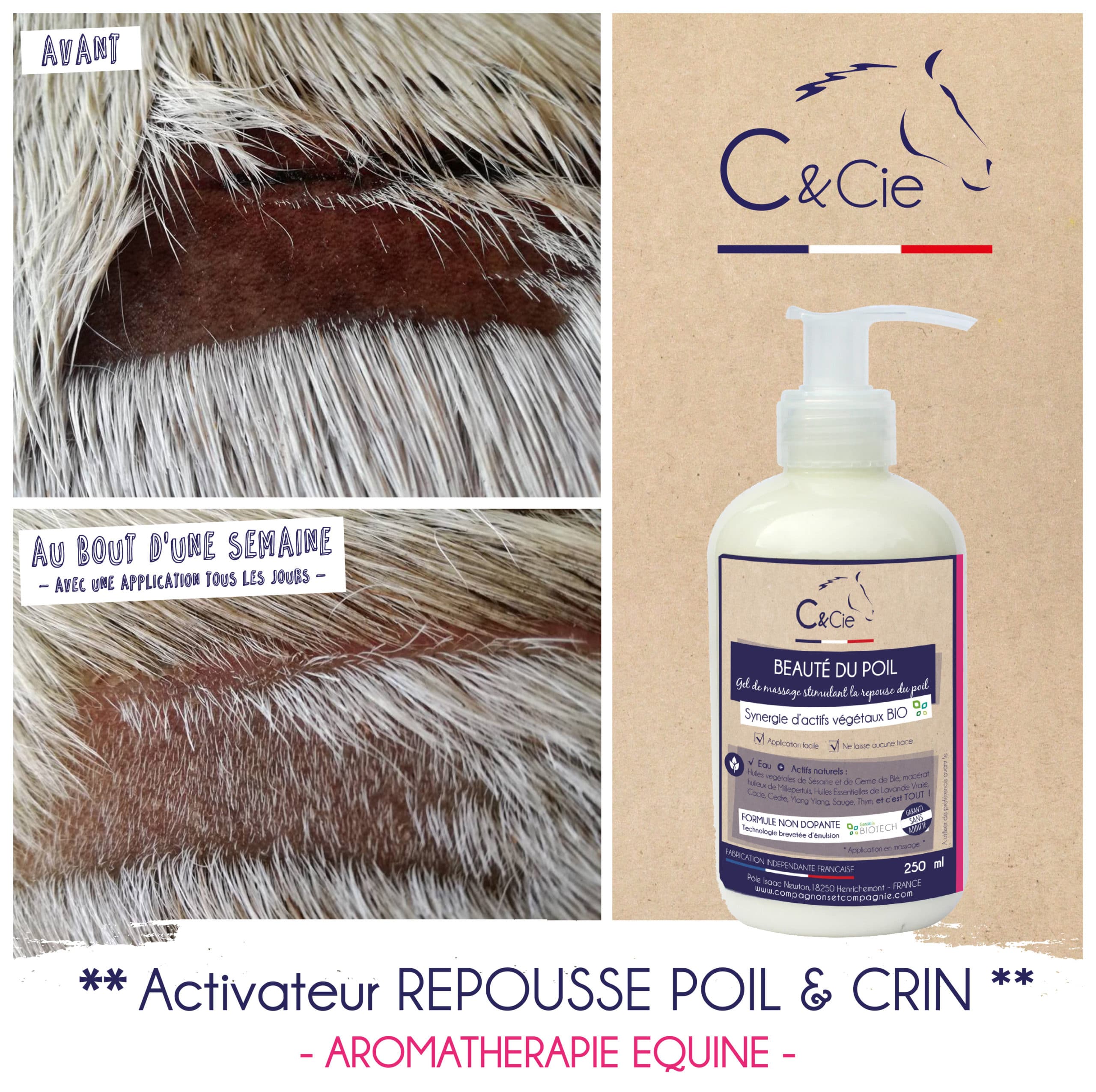 C&cie Beauté du poil : gel qui favorise la repousse du poil, crin cheval poney et entretient sa beauté - soin bio et naturel pour chevaux - made in france